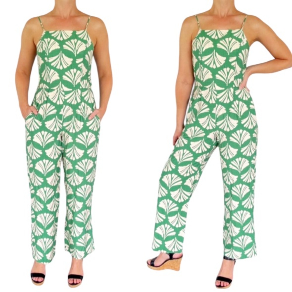 Monteau green white tropical leaf print spaghetti strap cut out jumpsuit size XS